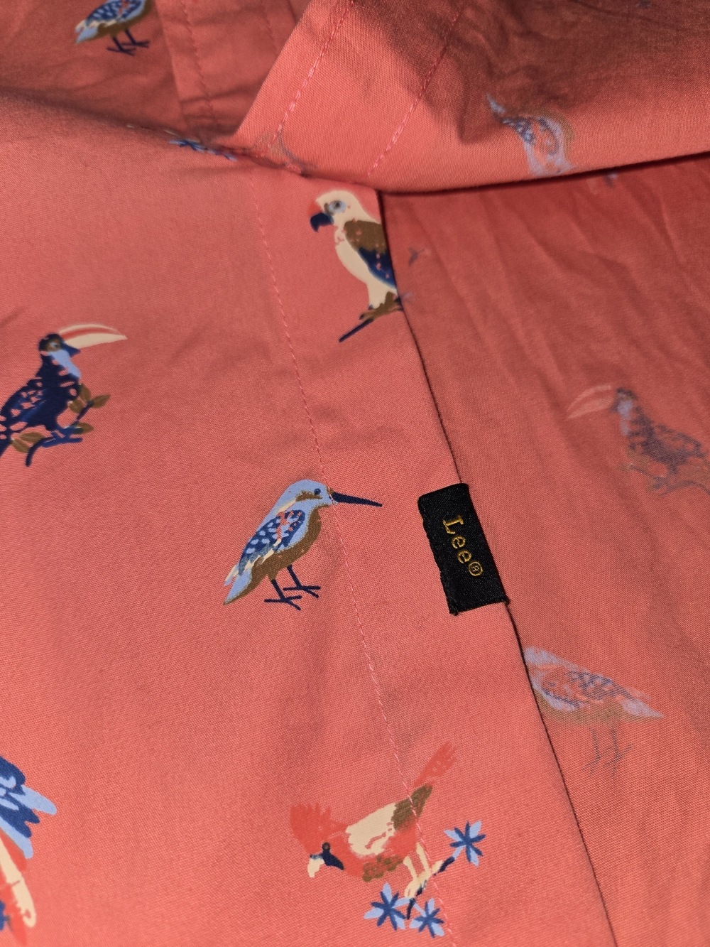 Lee XXL Coral Bird Print Button Up Shirt Cotton Short Sleeve Casual - Picture 8 of 13